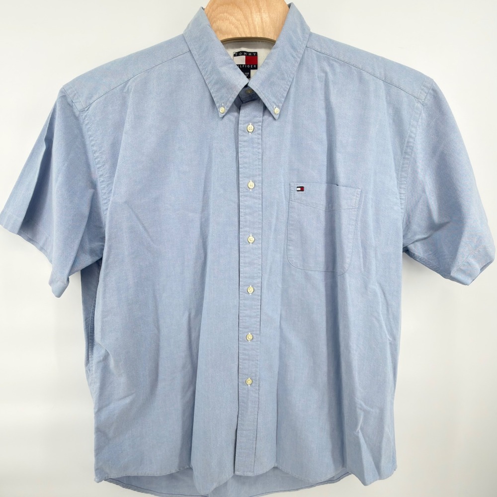 Tommy Hilfiger Shirt Mens XXL Blue Short Sleeve Oxford Button Down Vintage Y2K